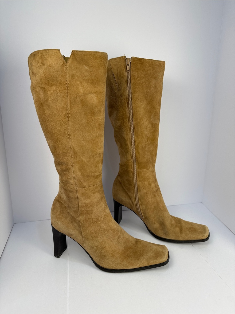 Nine West Women's Square Toe Suede Knee-High Heeled Boots in Camel